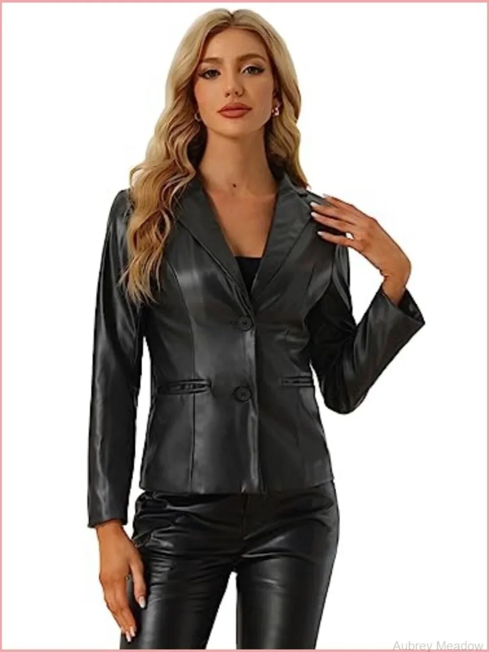 Faux Leather Blazer Slim Fit Casual Office Button Down Long Sleeve Jacket